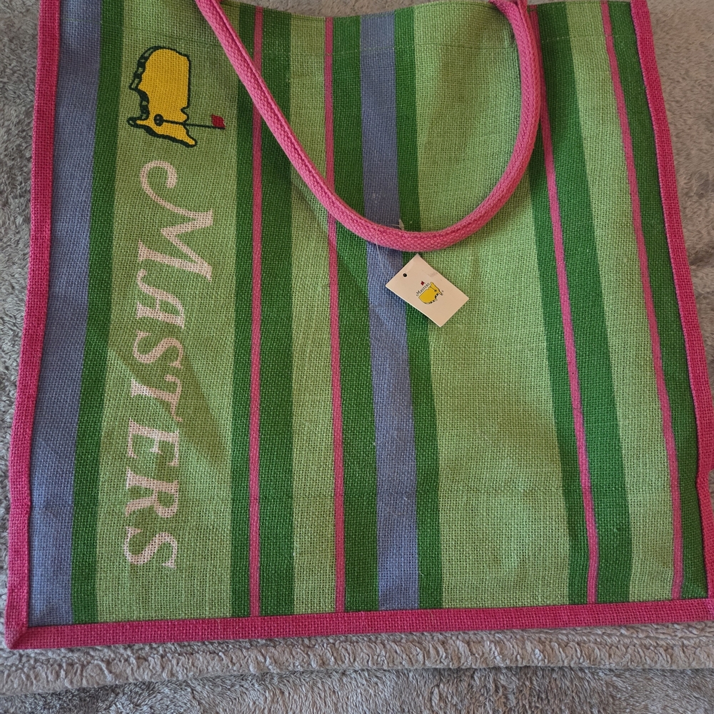 Masters Green, Blue and Pink Striped Tote with Yellow Logo